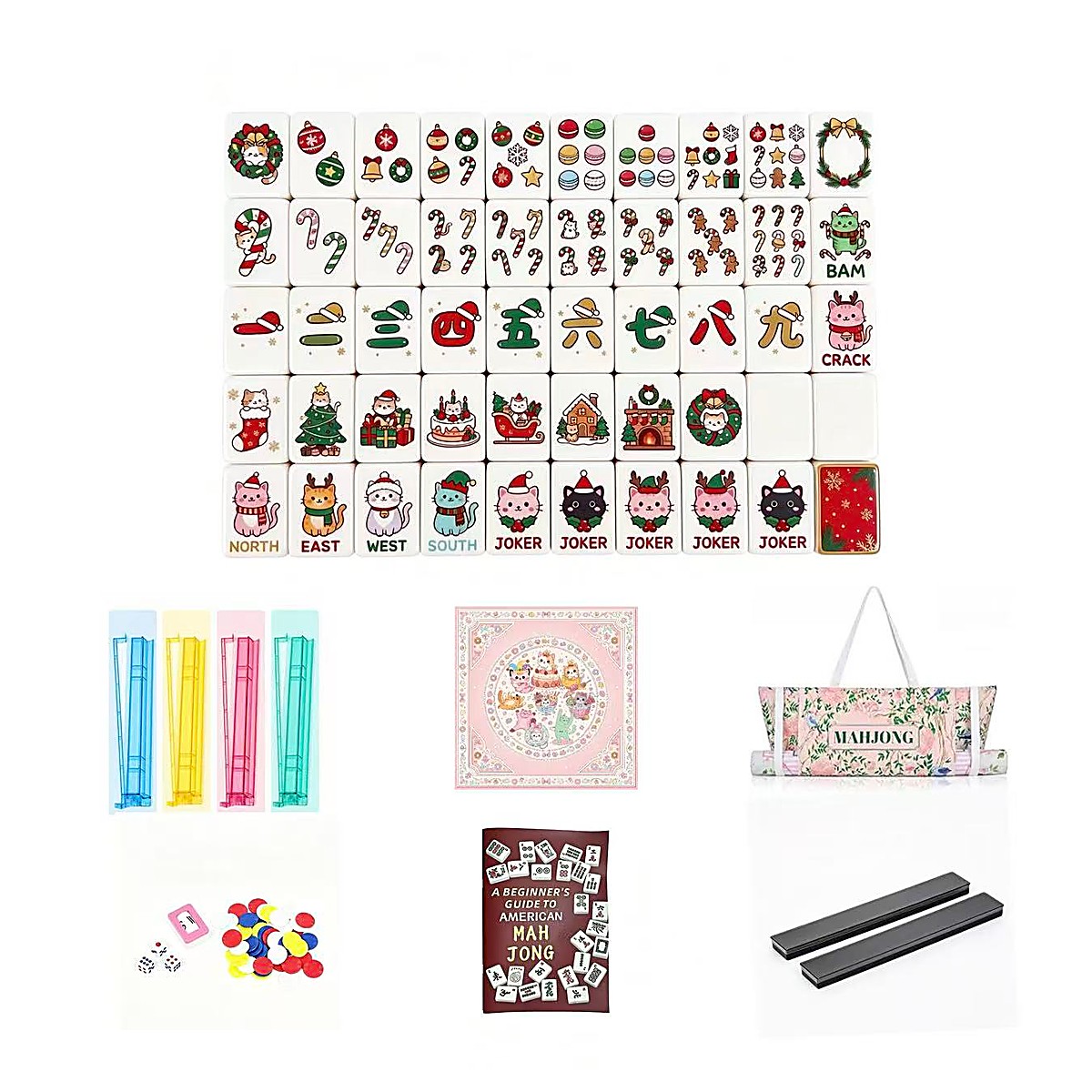 MARCWELL Vermilion Christmas UV Art — American Mahjong 160-Tile Set, 30mm, Full Kit
