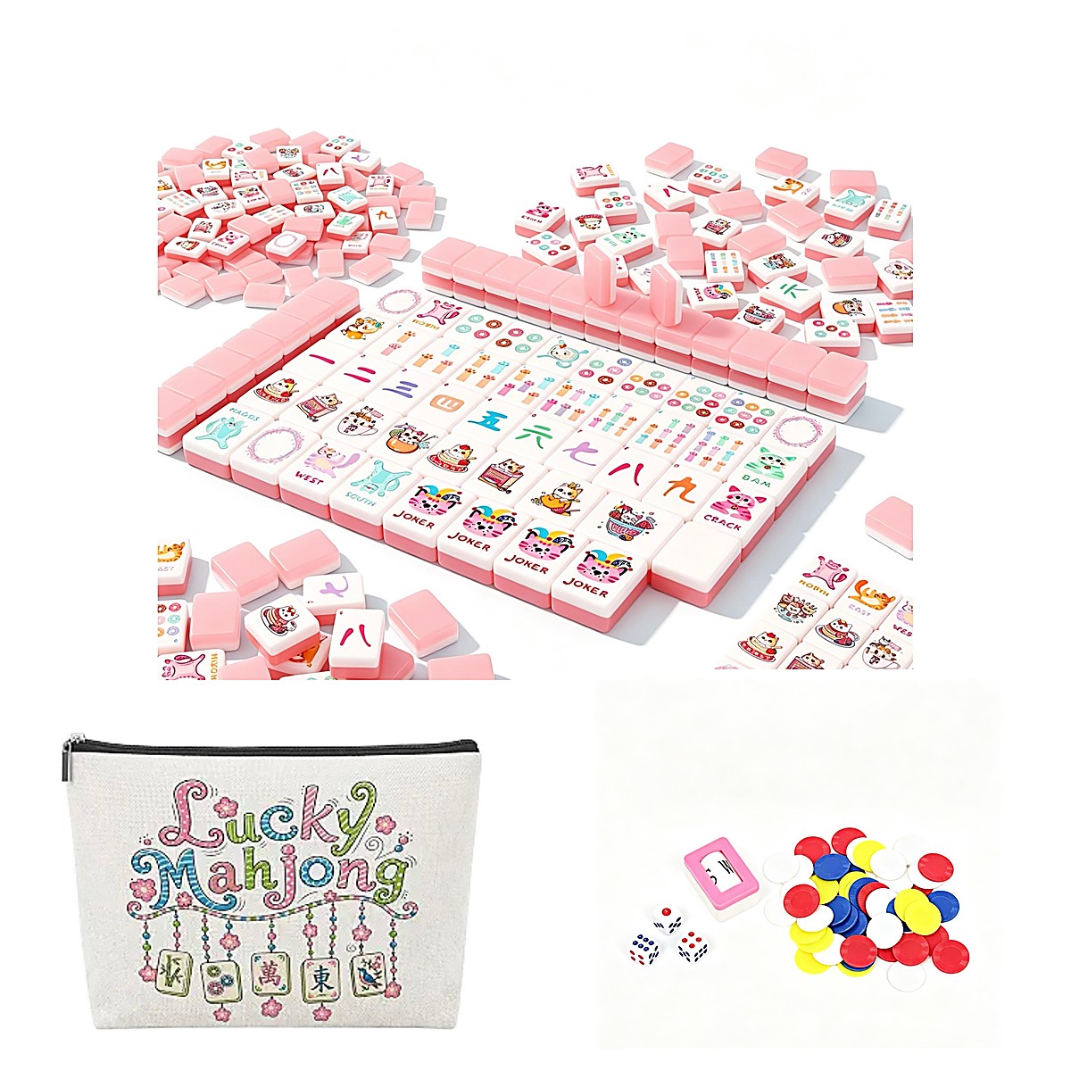 MARCWELL Blush Cat UV Art — American Mahjong 160-Tile Set, 30mm, Custom Mini Tote
