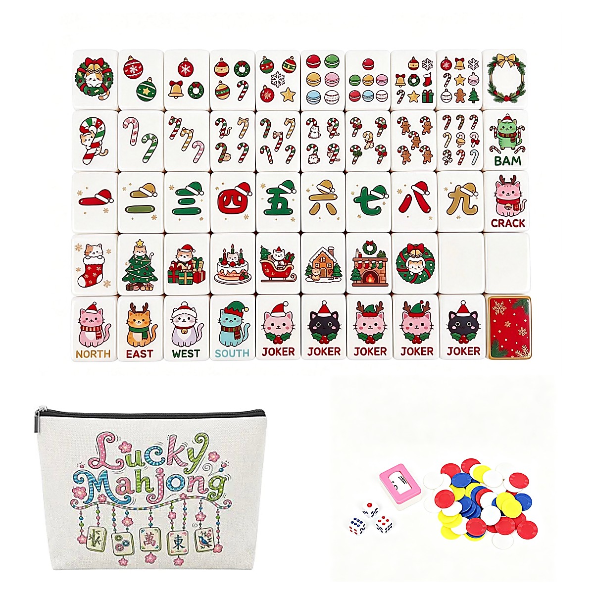 MARCWELL Vermilion Christmas UV Art — American Mahjong 160-Tile Set, 30mm, Custom Mini Tote