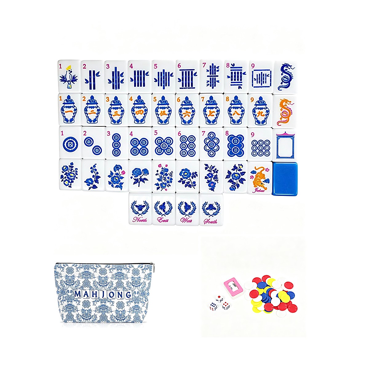 MARCWELL Azure China-Style UV Art — American Mahjong 160-Tile Set, 30mm, Custom Mini Tote