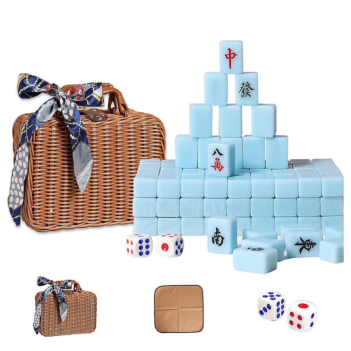 MARCWELL Azure Rattan Heritage — Chinese Mahjong 144-Tile Set, 30mm
