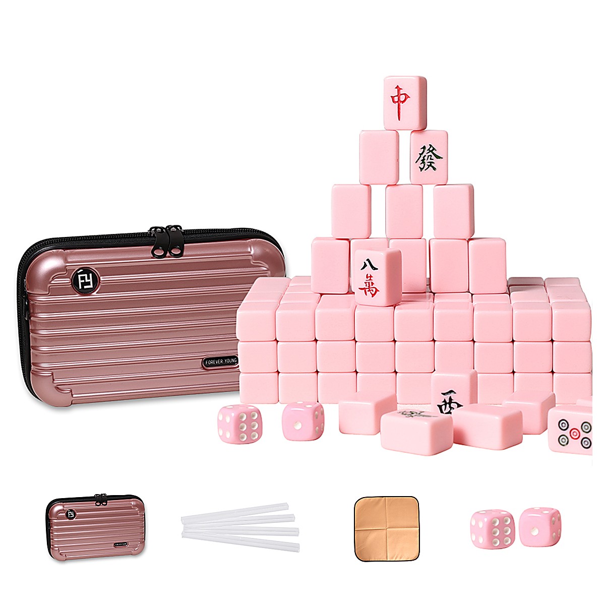 MARCWELL Peony Compact — Chinese Mahjong Set, 20mm, Rose Gold Travel Case