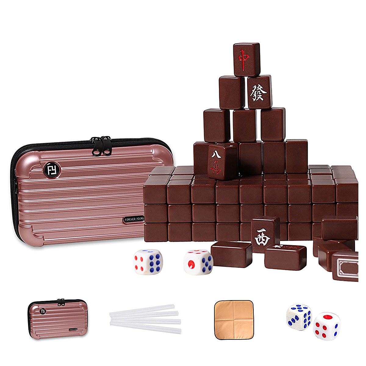 MARCWELL Cocoa Compact — Chinese Mahjong Set, 20mm, Rose Gold Travel Case