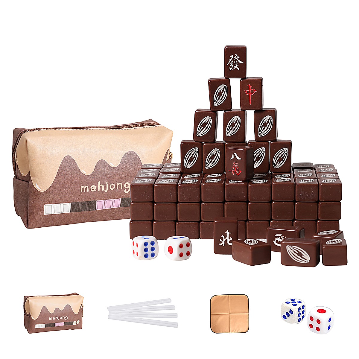 MARCWELL Cocoa Compact — Chinese Mahjong Set, 20mm, Leather Pouch