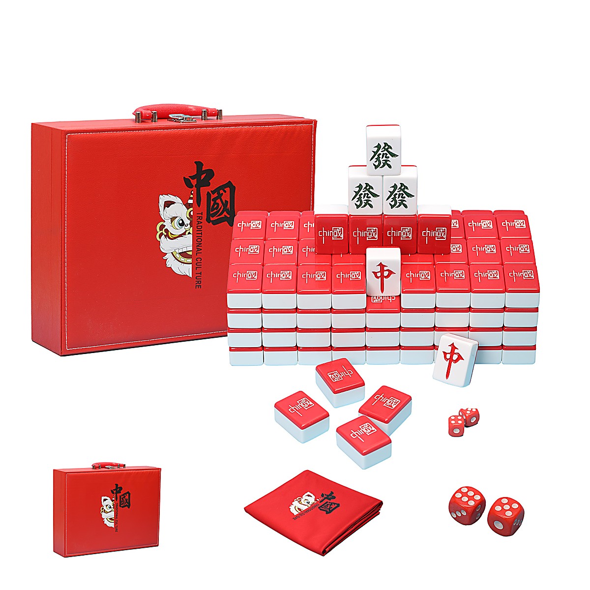 MARCWELL Vermilion Heirloom — Chinese Mahjong Set, 42mm, in PU Leather Case