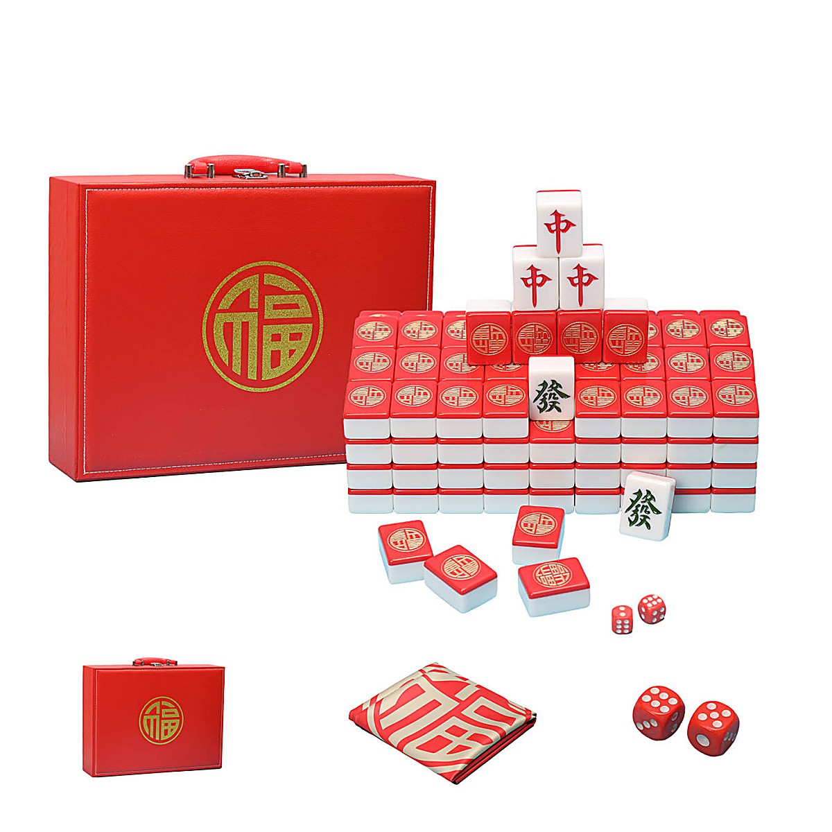 MARCWELL Vermilion Double Fortune Heirloom — Chinese Mahjong Set, 42mm, in PU Leather Case